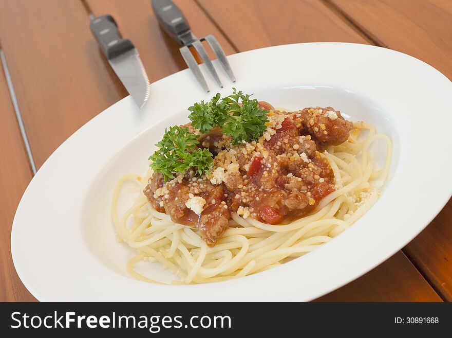 Spaghetti Pasta Tomato Sauce Meat Basil Fork Food And Drink