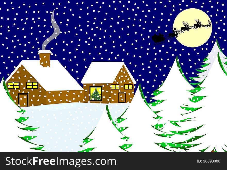 Christmas landscape with blue sky in background