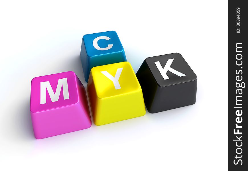 Four computer keys symbolizing cmyk colors (3d render). Four computer keys symbolizing cmyk colors (3d render)