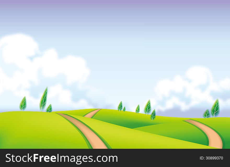 Green field with sky and cloud, nature background, illustration. Green field with sky and cloud, nature background, illustration