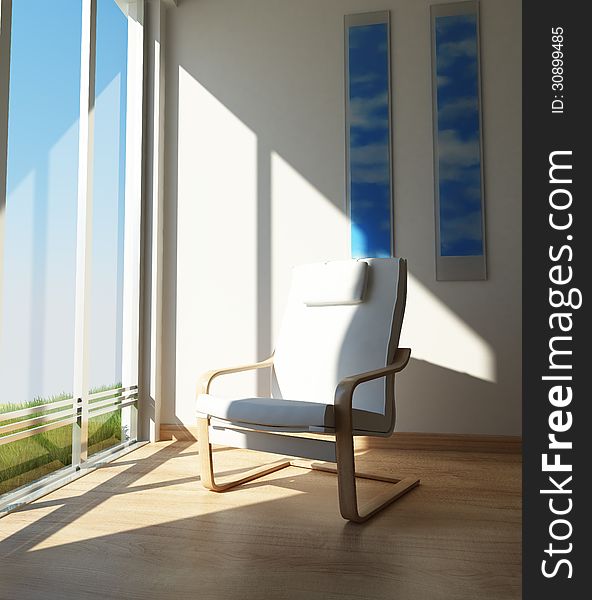 Contemporary Chair in a room corner, besides a large window in the sun.