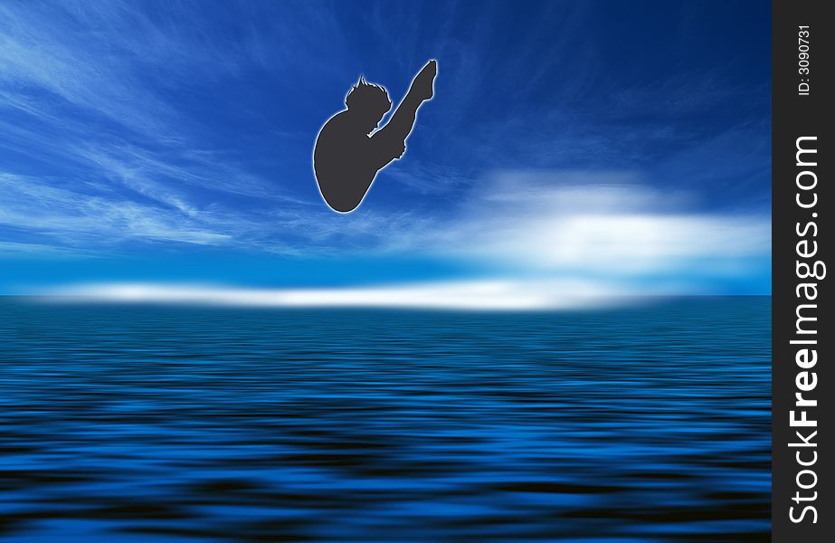 Silhouette of a man to dive, against a blue cloudy sky. Silhouette of a man to dive, against a blue cloudy sky