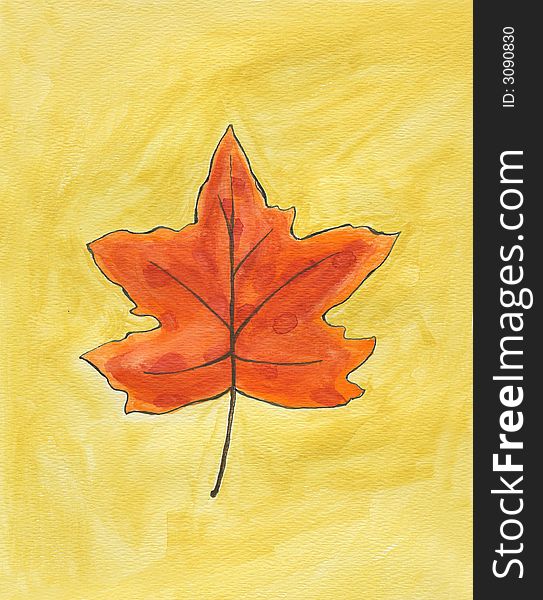 Single leaf done in watecolor with a tan background and red leaf color