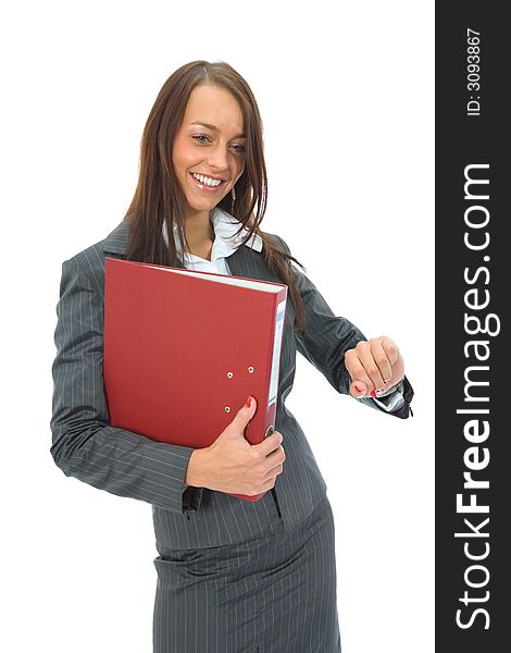 Business woman with folder on white background