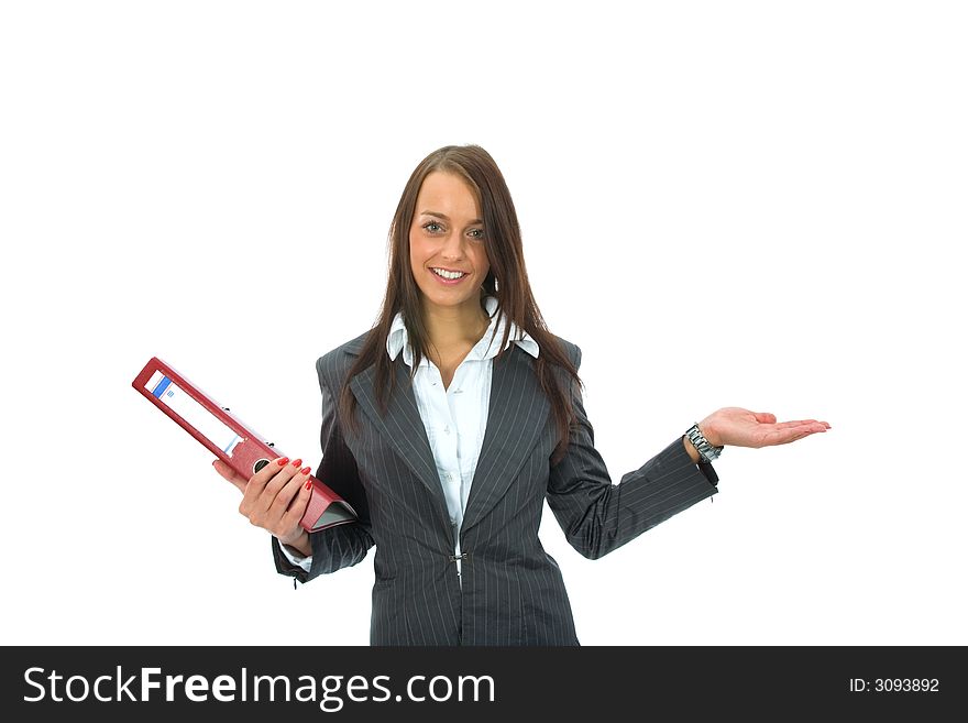 Business woman with folder on white background