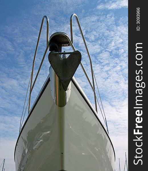 Close details of a Prow of a sailboat in frontal view