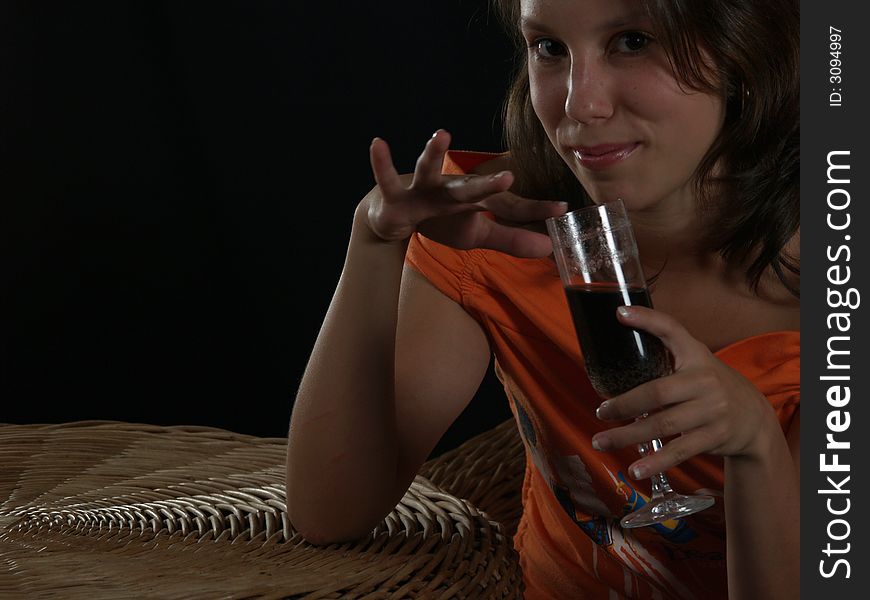 Lovelorn girl worry and wine drinking.
