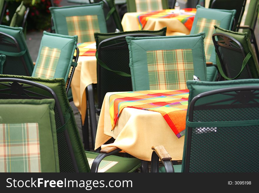 Tables in a restaurant with colorful covers