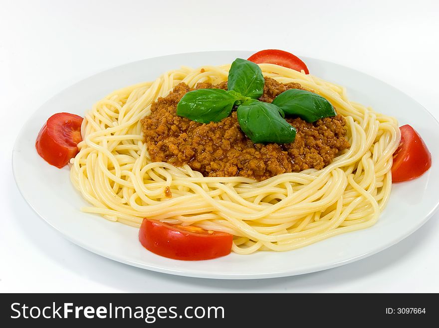Spaghetti with sauce bolognese,minced meat,mint and spices