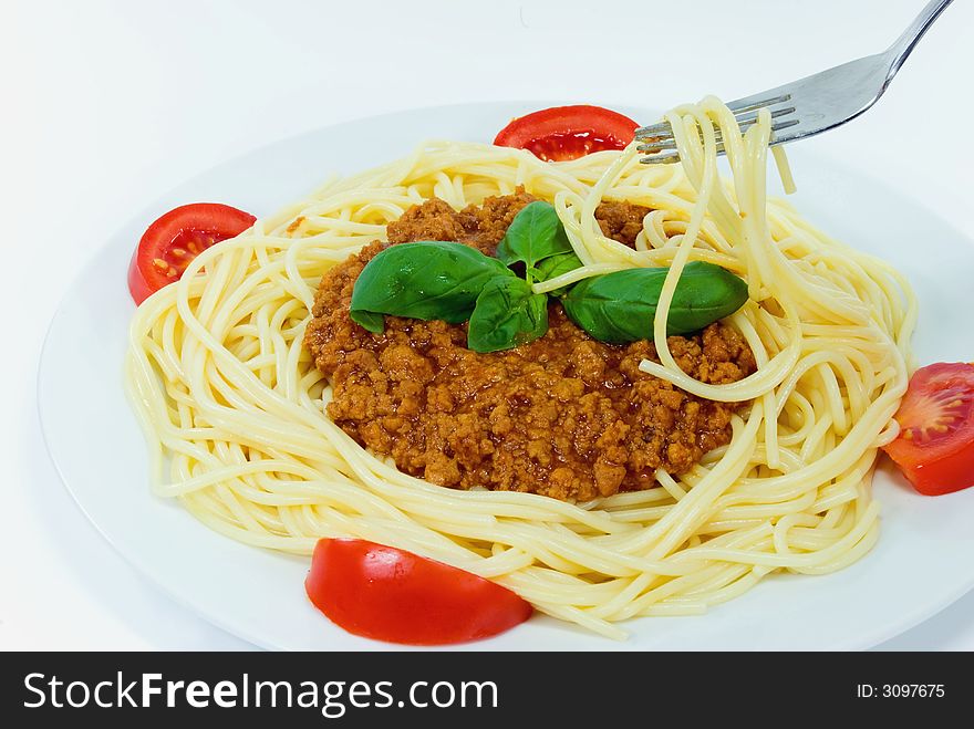 Spaghetti with sauce bolognese,minced meat,mint and spices