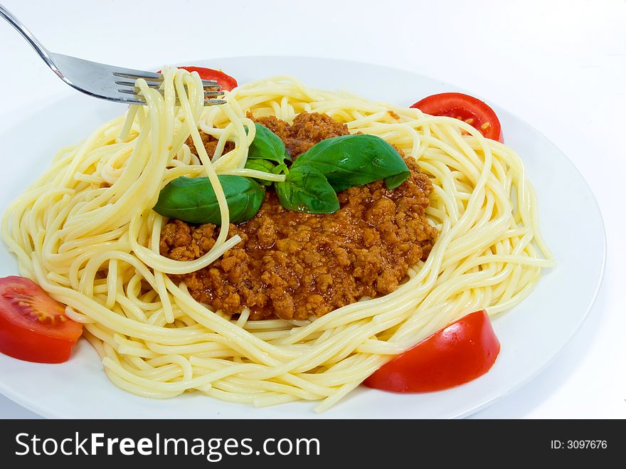 Spaghetti with sauce bolognese,minced meat,mint and spices