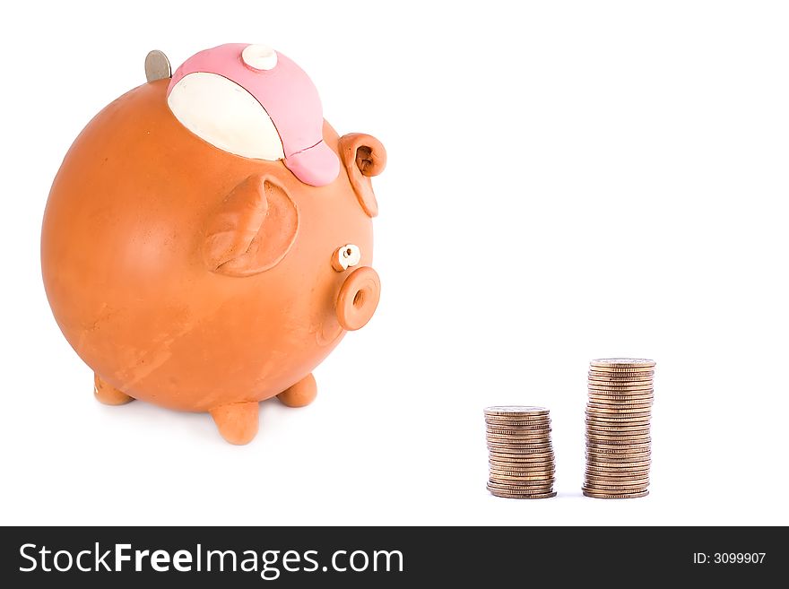 Piggy bank with quarter dollaar and coins. Piggy bank with quarter dollaar and coins