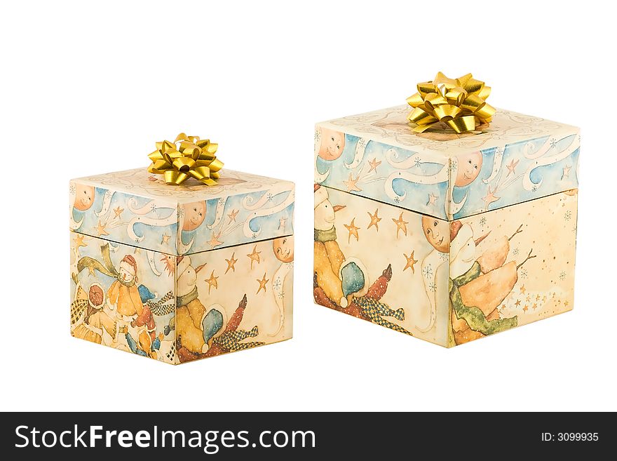 Two presents with gold bows on white