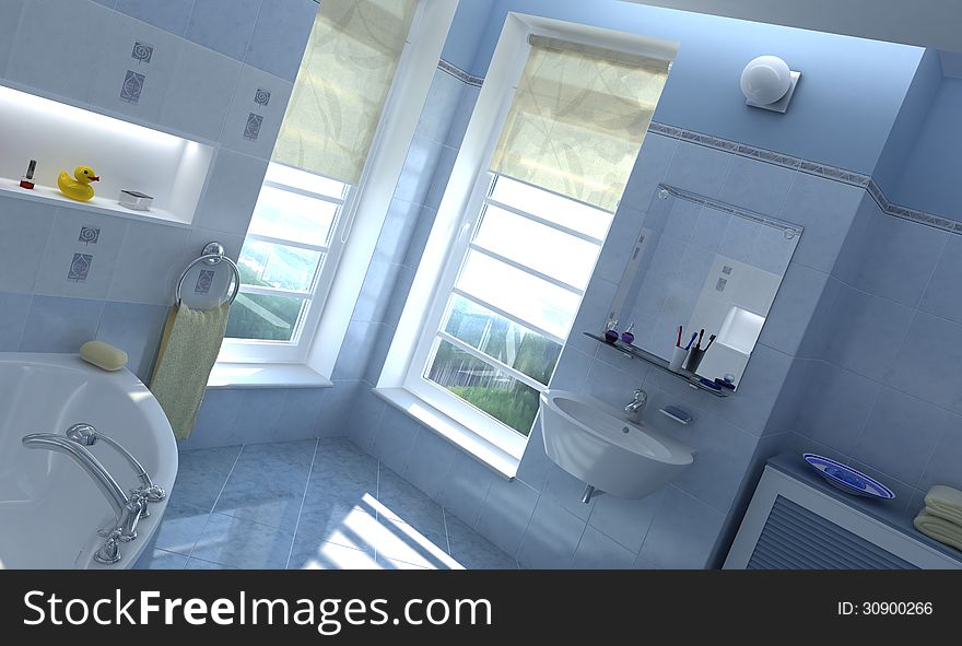 Contemporary bathroom. With windows and the sun coming through.