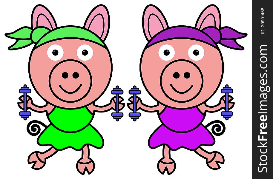 Illustration of two pigs doing aerobics. Illustration of two pigs doing aerobics