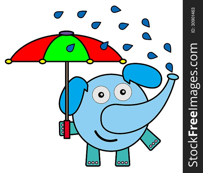 A funny illustration of an elephant squirting itself with water while holding an umbrella. A funny illustration of an elephant squirting itself with water while holding an umbrella