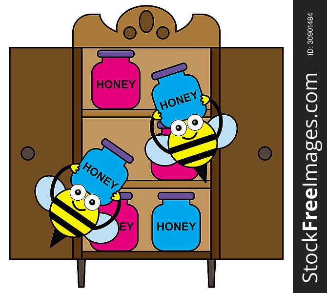 A cartoon illustration of bees carrying jars of honey and storing it. A cartoon illustration of bees carrying jars of honey and storing it