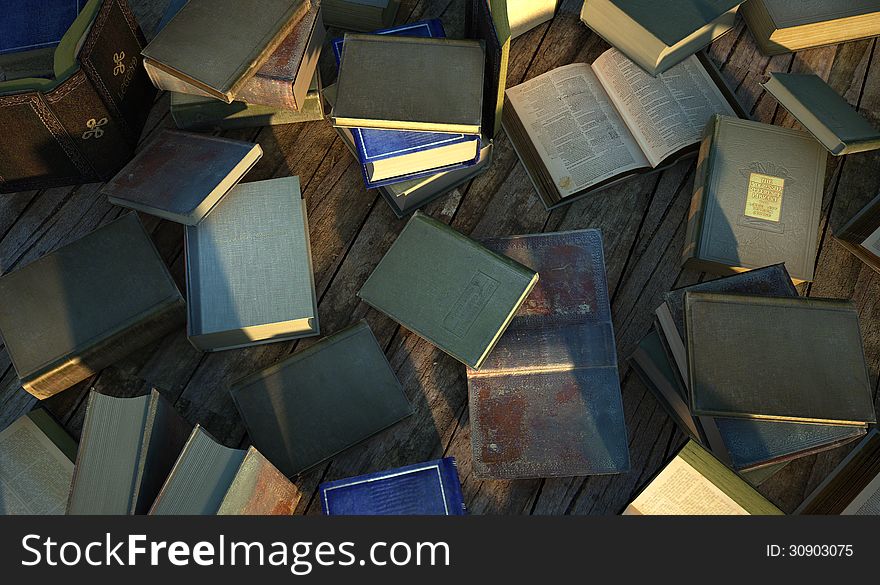 Many old and ancient books, spread over a wooden surface.