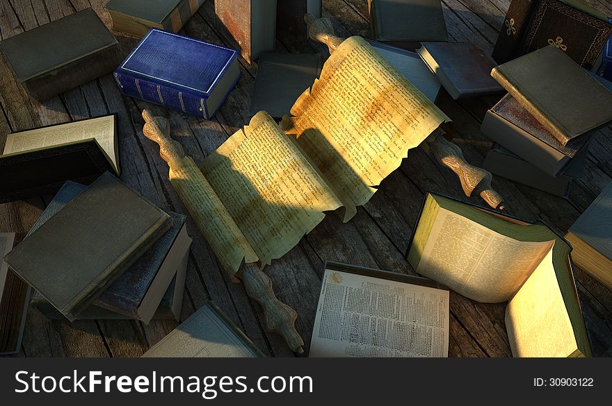 Ancient papyrus surrounded by several very old books on wooden floor.