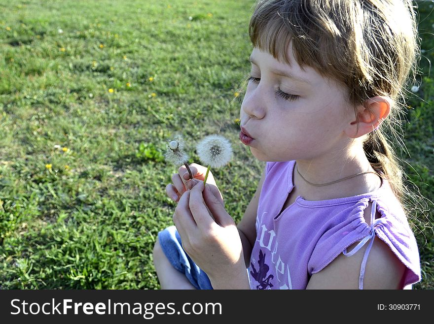 Girl blowing on a dandelion sitting in the grass. Girl blowing on a dandelion sitting in the grass