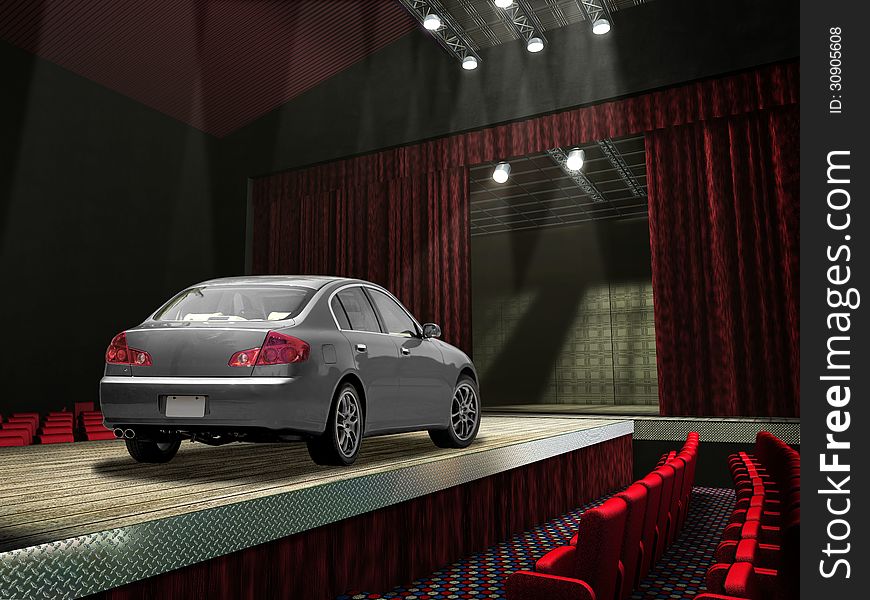 Sedan car on a fashion runway, in the spotlght. No people on the seats around.
