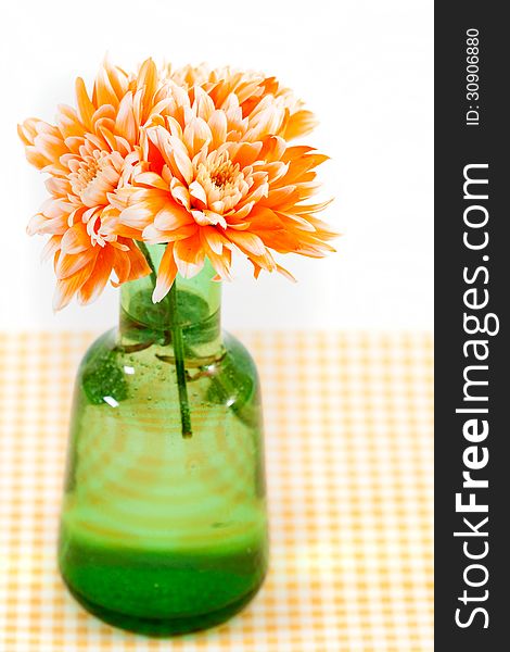 Orange chrysanthemums in a green vase