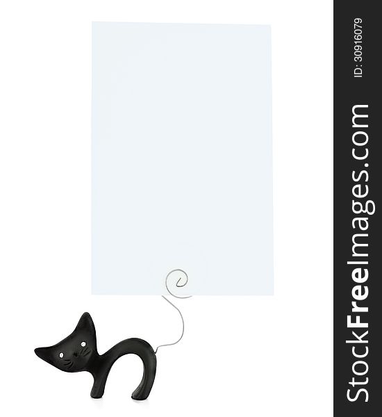 Black cat statuette with place for your photo isolated.