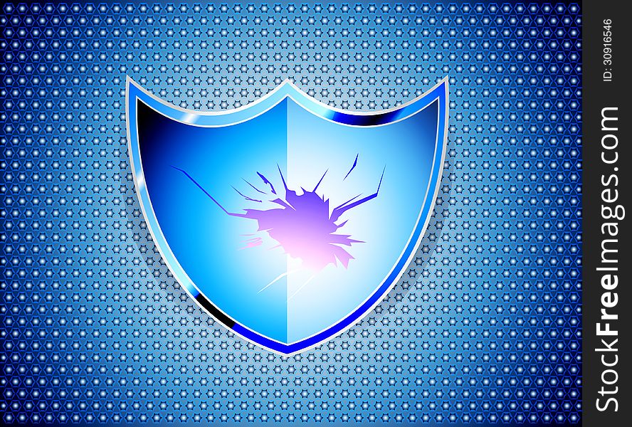 Glossy blue shield with broken glass on blue steel background