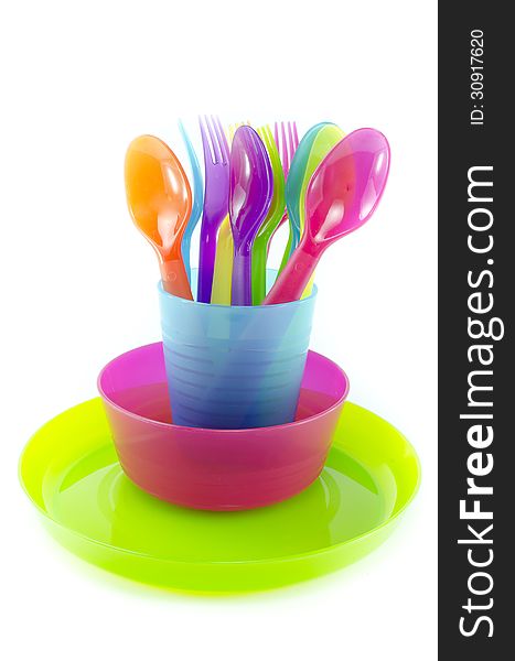 Plastic fork spoon and knife set on white background