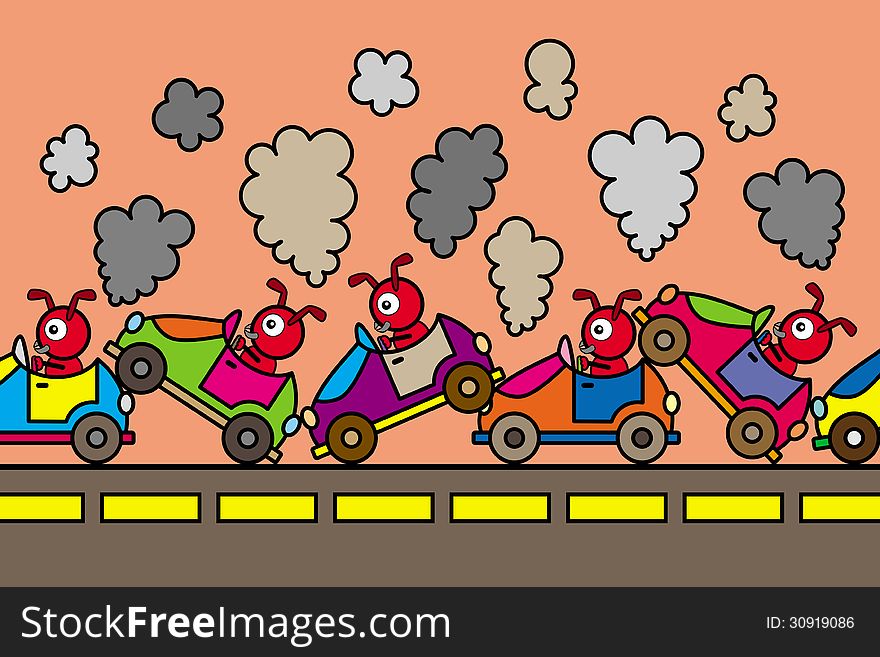 A humorous illustration of ants in a traffic jam. A humorous illustration of ants in a traffic jam