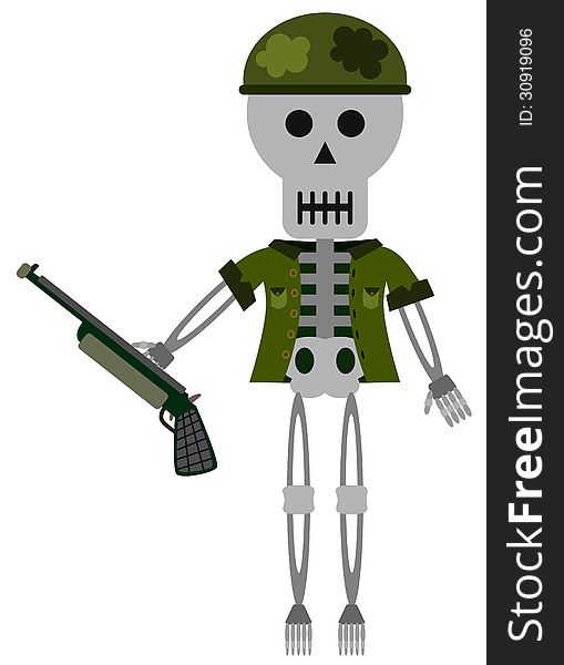 An illustration of a skeleton in soldier's uniform and holding a rifle. An illustration of a skeleton in soldier's uniform and holding a rifle