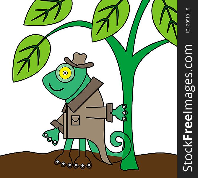 A humorous illustration of a chameleon dressed like a detective. A humorous illustration of a chameleon dressed like a detective