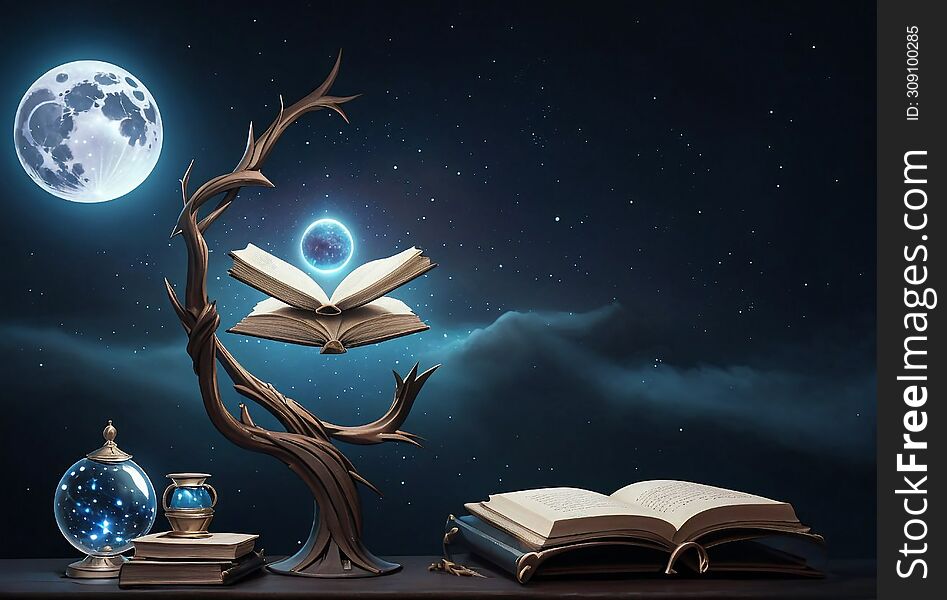 old books in a magical style against a starry sky background.AI generated image