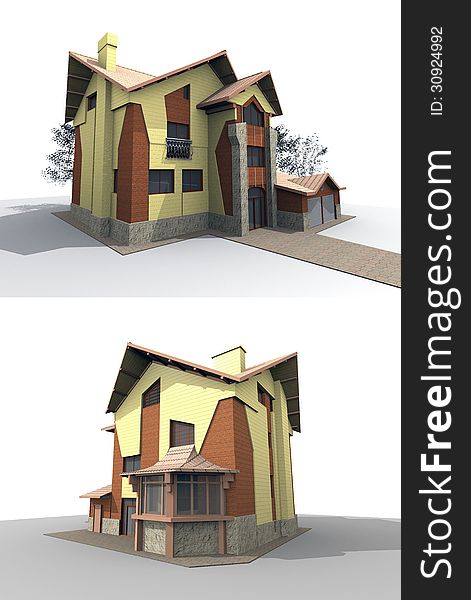 3D model of an individual apartment house on an abstract site from different angles. 3D model of an individual apartment house on an abstract site from different angles