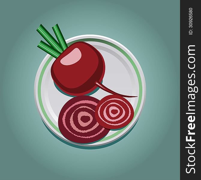 Vector illustration of purple beetroot with slices on a plate. Vector illustration of purple beetroot with slices on a plate