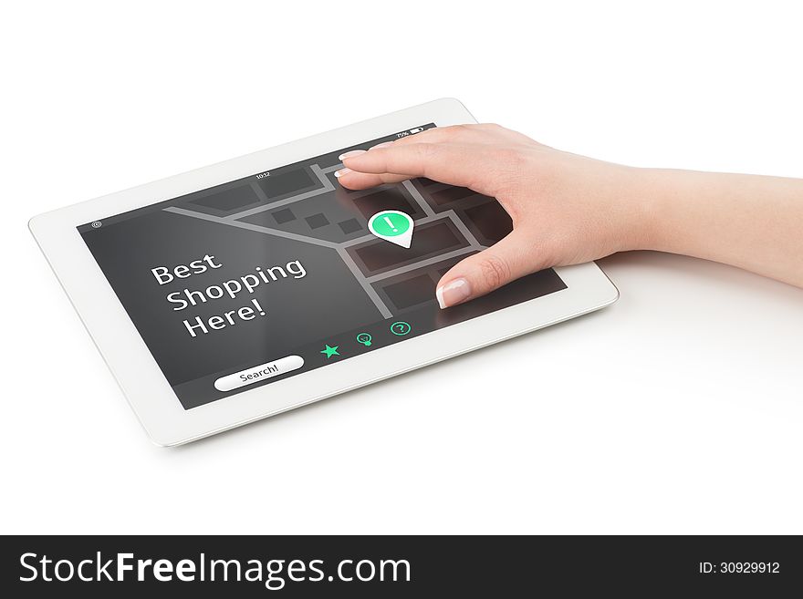 Womans hand over a tablet computer extending fingers. There is a map on the screen with points of interest and the inscription Best shopping here. Womans hand over a tablet computer extending fingers. There is a map on the screen with points of interest and the inscription Best shopping here