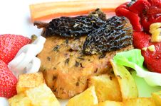 Pork Steak With Morels, Served And Decorated Royalty Free Stock Photography Pork Steak With Morels, Served And Decorated Royalty Free Stock Photography