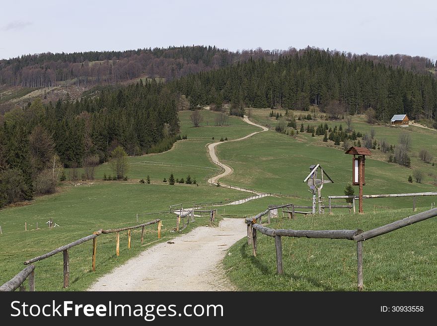 Hiking trail in the Polish mountains in Beskyd Zywiecki