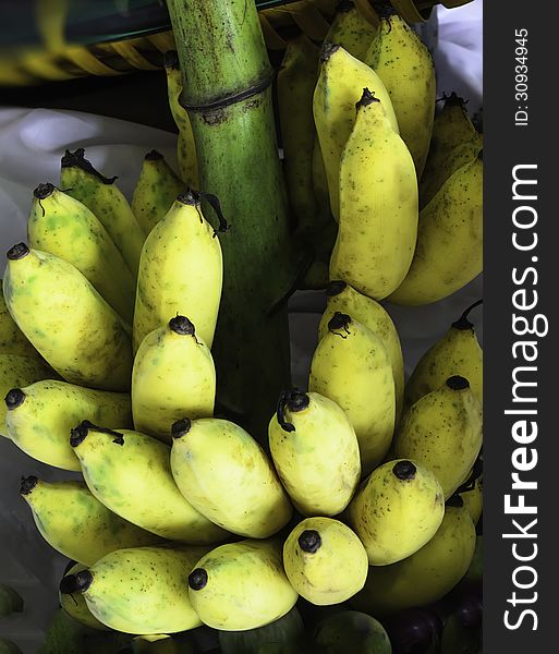 Yellow banana bunch In restaurant