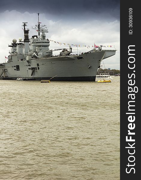 HMS Illustrious moored in London, taking part in a series of events to mark the 70th anniversary of the climax of the Battle of the Atlantic. HMS Illustrious moored in London, taking part in a series of events to mark the 70th anniversary of the climax of the Battle of the Atlantic