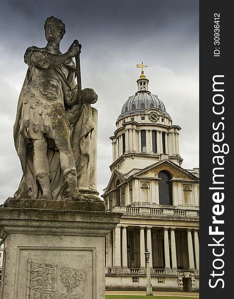 Statue of George II in front of the famous Royal Naval College by the Thames in London. Statue of George II in front of the famous Royal Naval College by the Thames in London