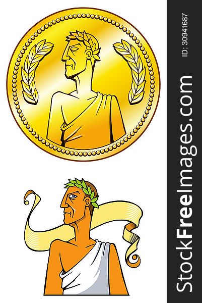 Empire golden coin and Emperor himself, vector illustration. Empire golden coin and Emperor himself, vector illustration