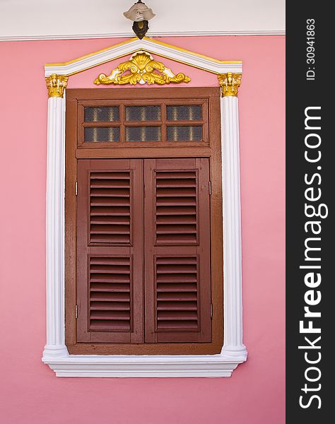 Wood window background and pink wall. Wood window background and pink wall
