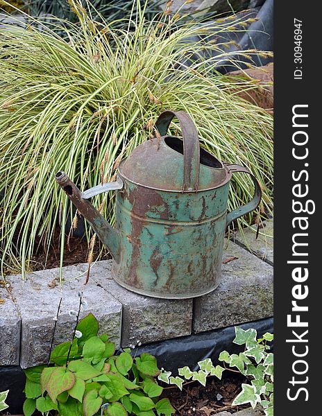 Old rusty watering can in the garden