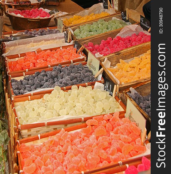 Colourful flavoured sweets on display in market