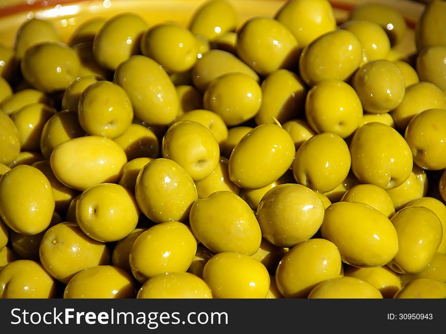 Typical spanish green olives ready to be consumed