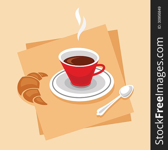 Vector illustration of cup of coffee with a croissant