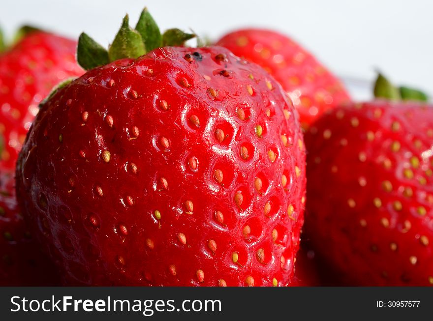 Macro shot of strawberries isolated on white, shallow depth of field