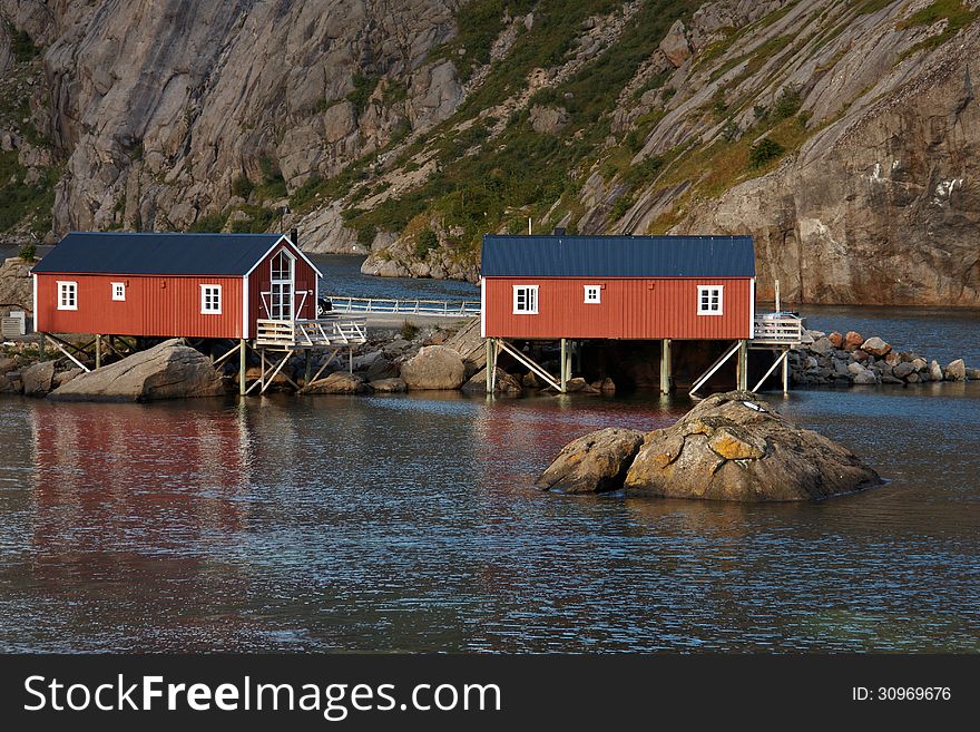 Red rorbu cabins on Lofoten islands in Norway
