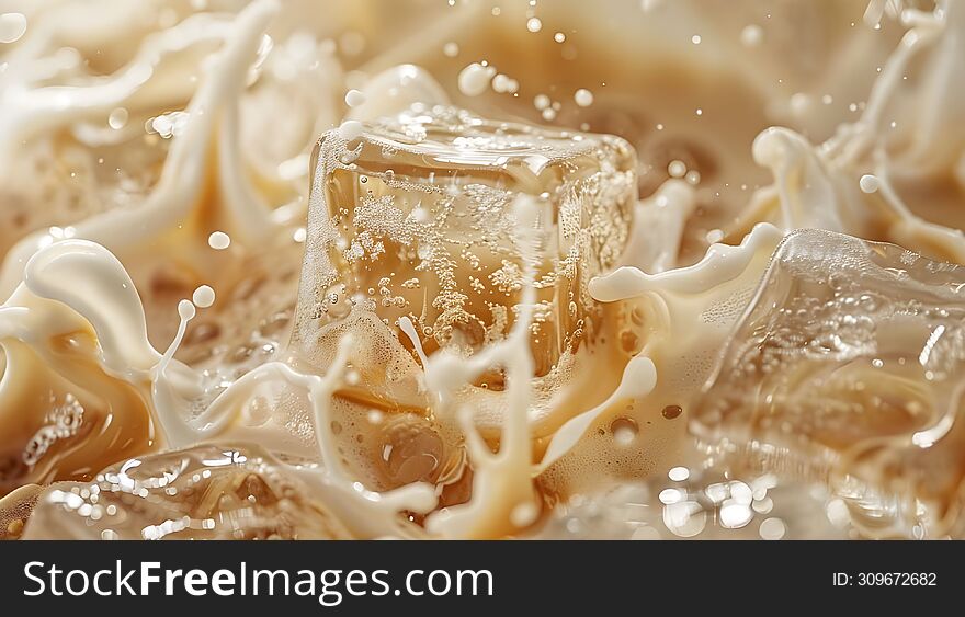 High-speed capture of a creamy milk splash around an ice cube, showcasing dynamic motion and texture details